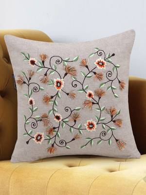Beige and Multi Cotton Chambray Floral Embroidered Cushion Cover 1