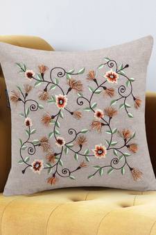 Beige and Multi Cotton Chambray Floral Embroidered Cushion Cover