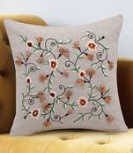 Beige and Multi Cotton Chambray Floral Embroidered Cushion Cover