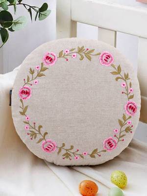 Natural and Pink Cotton Chambray Floral Embroidered Cushion Cover (16 Dia) 1