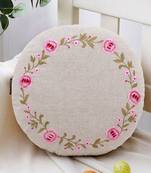 Natural and Pink Cotton Chambray Floral Embroidered Cushion Cover (16 Dia)