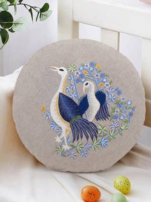 Natural and Blue Cotton Quirky Bird Embroidered Cushion Cover (16 Dia) 1