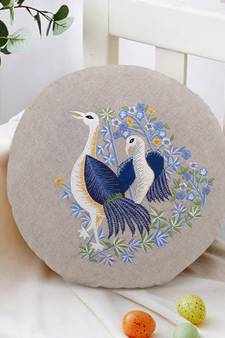 Natural and Blue Cotton Quirky Bird Embroidered Cushion Cover (16 Dia)