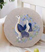 Natural and Blue Cotton Quirky Bird Embroidered Cushion Cover (16 Dia)