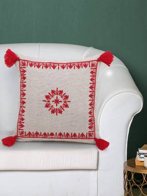 Natural and Red Cotton Chambray Embroidered Cushion Cover with Tasssels 1