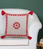 Natural and Red Cotton Chambray Embroidered Cushion Cover with Tasssels