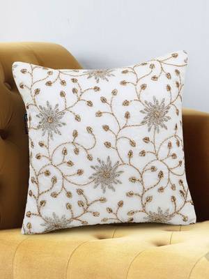 Mezposh Dazzle White and Gold Faux Silk Embellished Hand Embroidery Floral Cushion Cover 1
