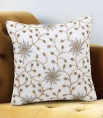 Mezposh Dazzle White and Gold Faux Silk Embellished Hand Embroidery Floral Cushion Cover