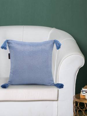 Mezposh Dazzle Blue and Silver Shimmer Cotton Lurex Self Design Cushion Cover with Tassels 1