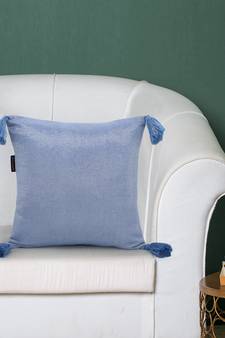 Mezposh Dazzle Blue and Silver Shimmer Cotton Lurex Self Design Cushion Cover with Tassels