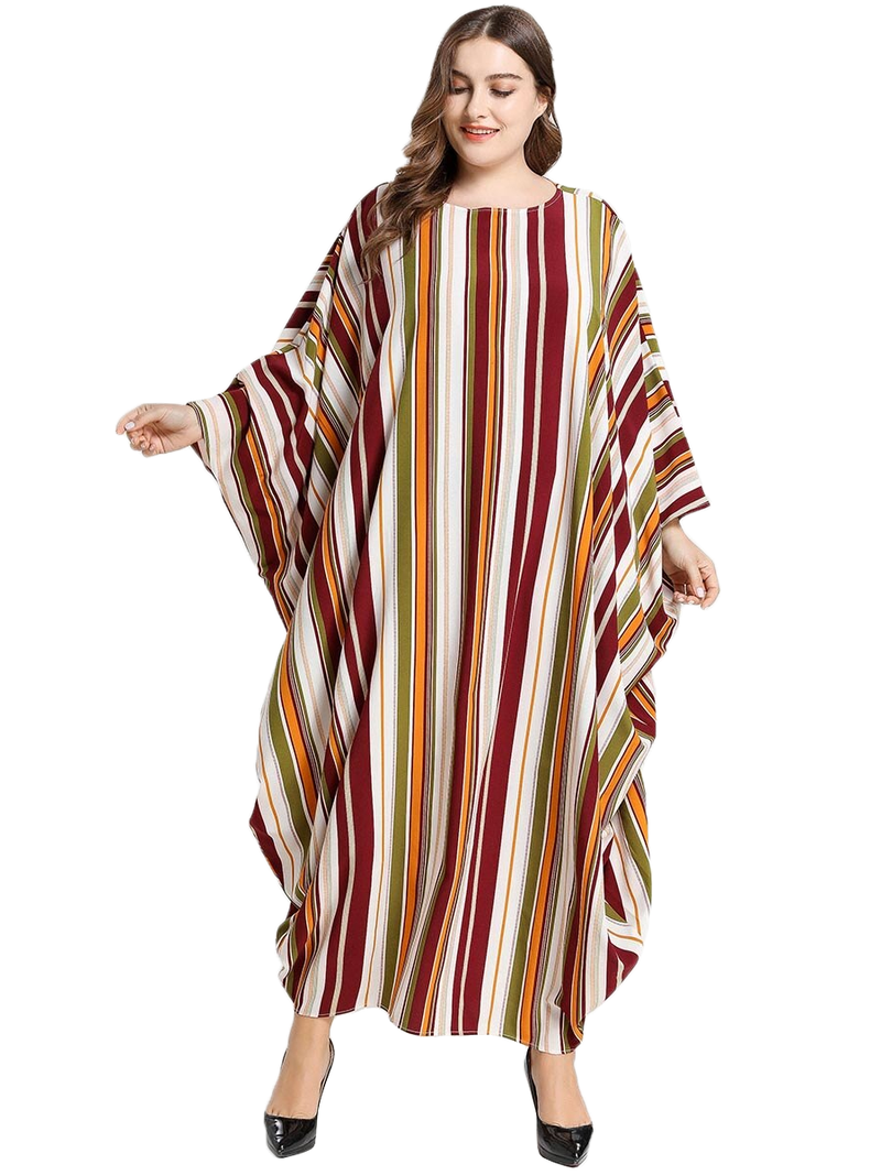JSDC Women's Striped Printed BSY Korean Fabric Bat Wing Style Kaftan Dres