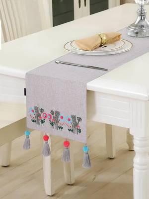 Beige & Multi Color Cotton Chambray Floral Embroidered Foliage design 6 Seater Table Runner with Tassels (180x40cm) 1
