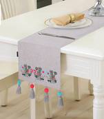 Beige & Multi Color Cotton Chambray Floral Embroidered Foliage design 6 Seater Table Runner with Tassels (180x40cm)