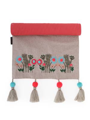 Beige & Multi Color Cotton Chambray Floral Embroidered Foliage design 6 Seater Table Runner with Tassels (180x40cm) 2