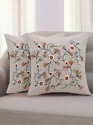 Beige and Multi Cotton Chambray Floral Embroidered Cushion Cover  Set of 2 1