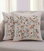 Beige and Multi Cotton Chambray Floral Embroidered Cushion Cover  Set of 2