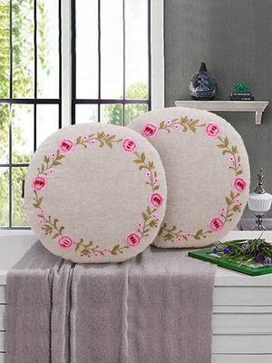 Natural and Pink Cotton Chambray Floral Embroidered Cushion Cover (16 Dia) Set of 2 1