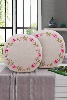 Natural and Pink Cotton Chambray Floral Embroidered Cushion Cover (16 Dia) Set of 2