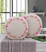 Natural and Pink Cotton Chambray Floral Embroidered Cushion Cover (16 Dia) Set of 2