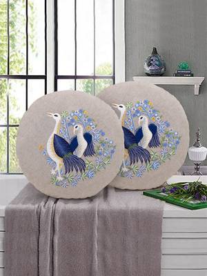 Natural and Blue Cotton Quirky Bird Embroidered Cushion Cover (16 Dia) Set of 2 1