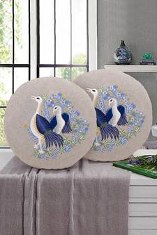 Natural and Blue Cotton Quirky Bird Embroidered Cushion Cover (16 Dia) Set of 2