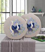 Natural and Blue Cotton Quirky Bird Embroidered Cushion Cover (16 Dia) Set of 2
