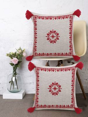 Natural and Red Cotton Chambray Embroidered Cushion Cover with Tasssels  Set of 2 1
