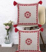 Natural and Red Cotton Chambray Embroidered Cushion Cover with Tasssels  Set of 2