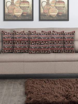 Mezposh Artsy Black and Maroon Cotton Block Print Kalamkari Cushion Cover  Set of 5 1
