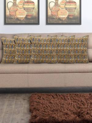 Mezposh Artsy Mustard and Multi Cotton Block Print Paisley Cushion Cover  Set of 5 1
