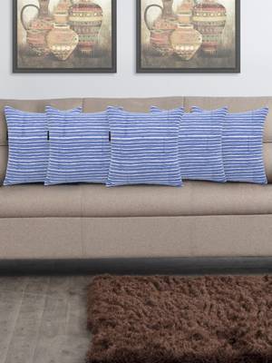 Mezposh Artsy Blue and White Cotton Block Print Striped Cushion Cover  Set of 5 1