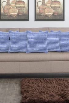 Mezposh Artsy Blue and White Cotton Block Print Striped Cushion Cover  Set of 5
