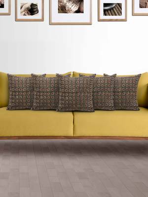 Mezposh Artsy Mehndi Green and Multi Cotton Block Print Floral Cushion Cover  Set of 5 1
