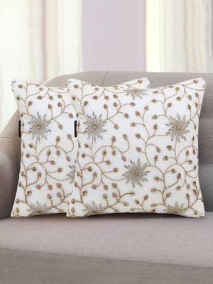 Mezposh Dazzle White and Gold Faux Silk Embellished Hand Embroidery Floral Cushion Cover  Set of 2 1