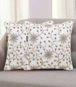 Mezposh Dazzle White and Gold Faux Silk Embellished Hand Embroidery Floral Cushion Cover  Set of 2