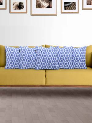Mezposh Artsy Blue and White Cotton Block Print Traditional Floral Cushion Cover  Set of 5 1