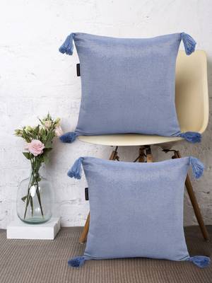 Mezposh Dazzle Blue and Silver Shimmer Cotton Lurex Self Design Cushion Cover with Tassels  Set of 2 1