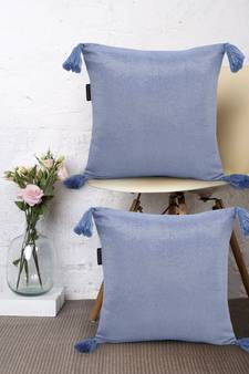 Mezposh Dazzle Blue and Silver Shimmer Cotton Lurex Self Design Cushion Cover with Tassels  Set of 2
