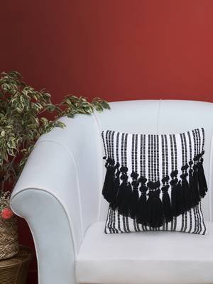 Mezposh Droplet White & Black Cotton Canvas  Striped Cushion Cover with Tassels (16x16in) 1