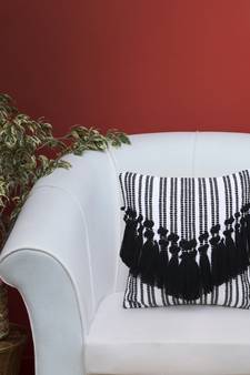Mezposh Droplet White & Black Cotton Canvas  Striped Cushion Cover with Tassels (16x16in)