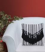 Mezposh Droplet White & Black Cotton Canvas  Striped Cushion Cover with Tassels (16x16in)