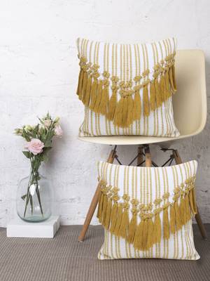 Mezposh Droplet White & Mustard Cotton Canvas  Striped Cushion Cover with Tassels (16x16in) (Set of 2) 1