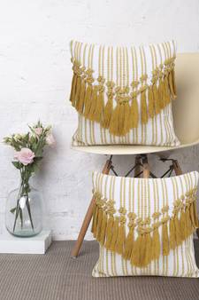 Mezposh Droplet White & Mustard Cotton Canvas  Striped Cushion Cover with Tassels (16x16in) (Set of 2)