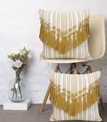 Mezposh Droplet White & Mustard Cotton Canvas  Striped Cushion Cover with Tassels (16x16in) (Set of 2)