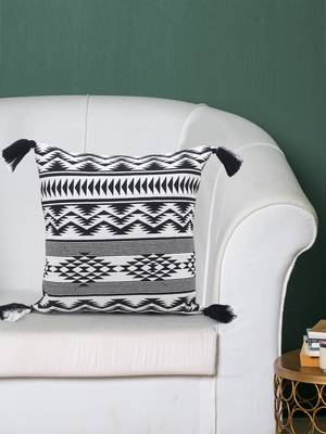 Tribal Collection by Mezposh : Beige & Black Polycotton Jacquard Geometric Cushion Cover with Tassels (16x16in) 1