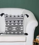 Tribal Collection by Mezposh : Beige & Black Polycotton Jacquard Geometric Cushion Cover with Tassels (16x16in)