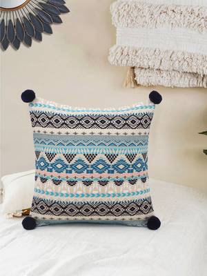 Dazzle Collection by Mezposh : Blue & Multi Acrylic Lurex Jacquard Ethnic Motifs Cushion Cover with Pompoms (16x16in) 1