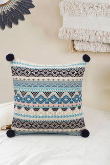 Dazzle Collection by Mezposh : Blue & Multi Acrylic Lurex Jacquard Ethnic Motifs Cushion Cover with Pompoms (16x16in)