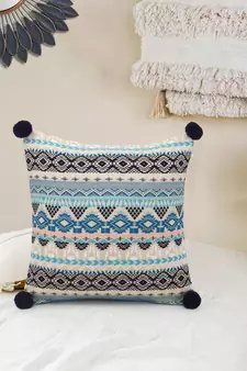 Dazzle Collection by Mezposh : Blue & Multi Acrylic Lurex Jacquard Ethnic Motifs Cushion Cover with Pompoms (16x16in)