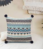 Dazzle Collection by Mezposh : Blue & Multi Acrylic Lurex Jacquard Ethnic Motifs Cushion Cover with Pompoms (16x16in)